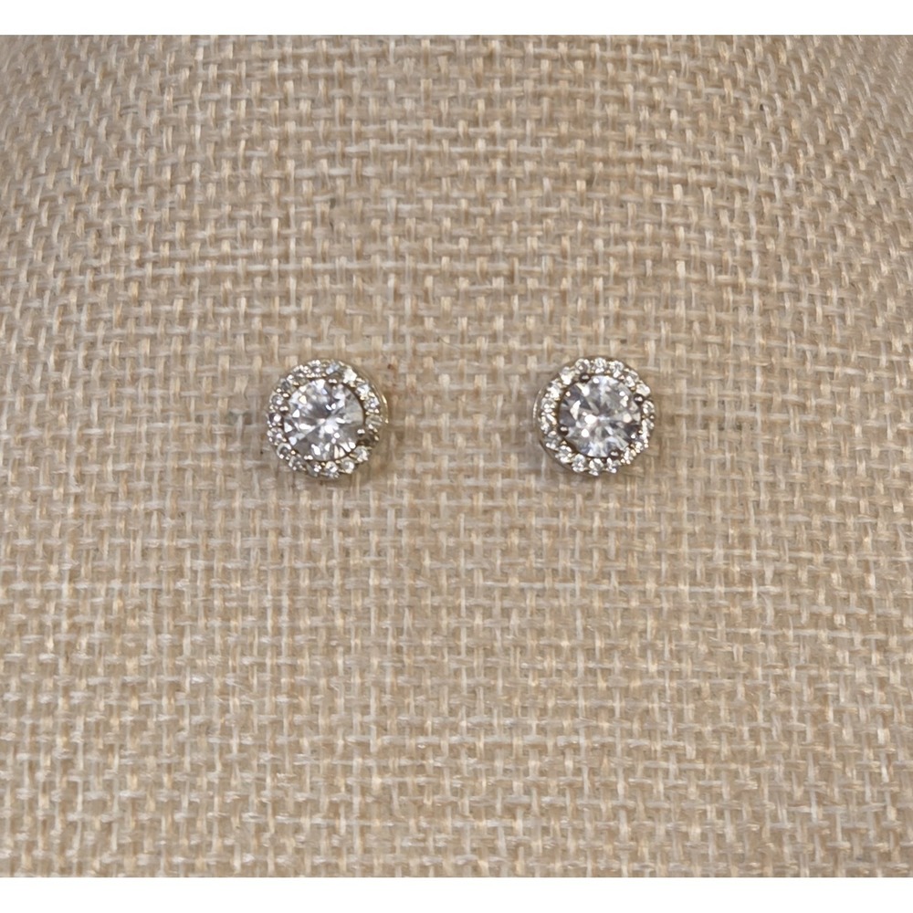 Sterling Silver Halo CZ Stud Earrings Gold Tone 925
